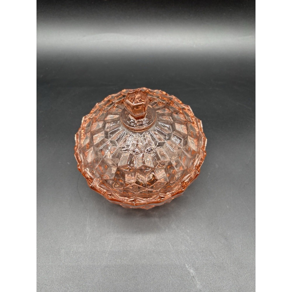 Pink Glass Diamond Quilted Vintage Lidded Candy Dish Compote ~5" Excellent - Picture 4 of 11